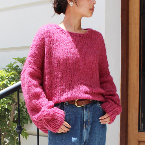 ◉軽ふわ手編みニット◉モヘアショートセーター チェリーピンク ニット