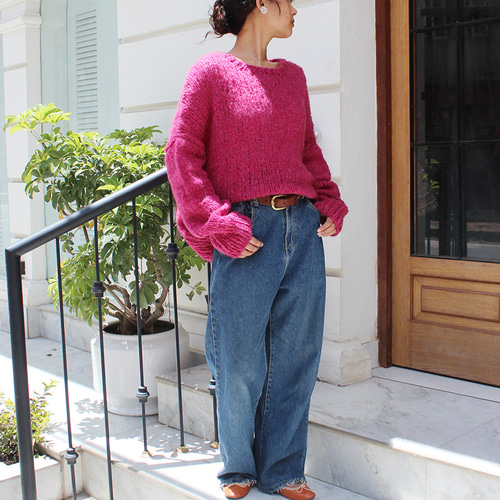 ◉軽ふわ手編みニット◉モヘアショートセーター チェリーピンク
