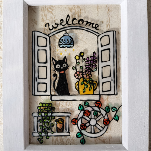 ステンドグラス 白猫 アンティークインテリア ステンドグラス 白猫