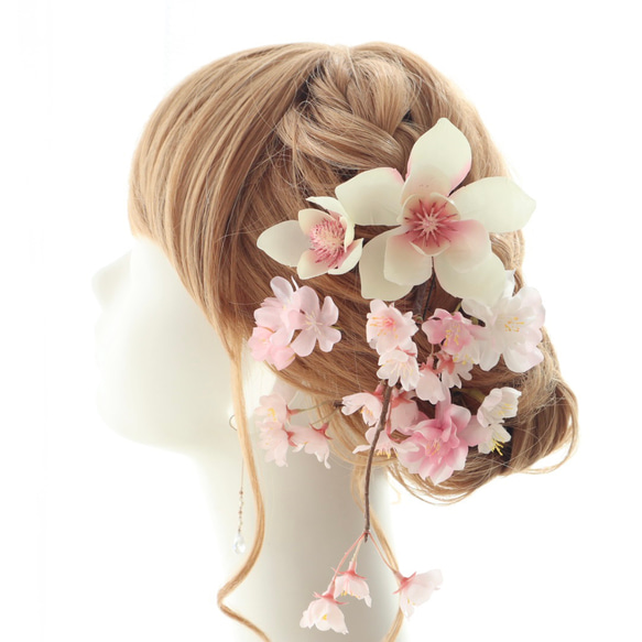 ヘッドドレス　髪飾り　桜　さくら　サクラ　木蓮　ピンク　結婚式　和婚　成人式　卒業式　ウェディング　ブライダル 1枚目の画像