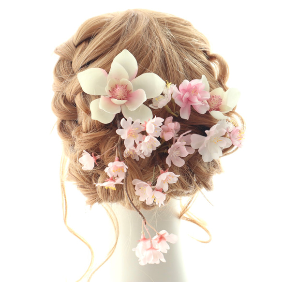 ヘッドドレス　髪飾り　桜　さくら　サクラ　木蓮　ピンク　結婚式　和婚　成人式　卒業式　ウェディング　ブライダル 5枚目の画像