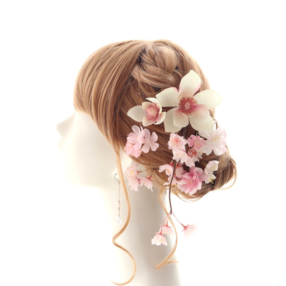 ヘッドドレス　髪飾り　桜　さくら　サクラ　木蓮　ピンク　結婚式　和婚　成人式　卒業式　ウェディング　ブライダル 7枚目の画像