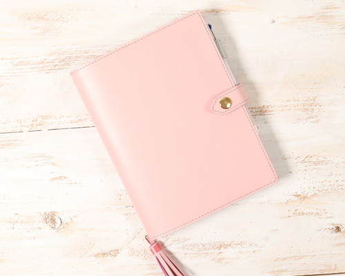 B6 牛革 可愛い 手帳カバー ばねホックのベルト さくら色ペールグレー