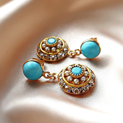 14KGF/ TURQUOISE VINTAGE CRYSTAL PEARL EARRINGS 1枚目の画像