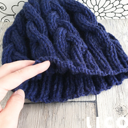 数量限定SALE【即納】冬のこびとニット帽/ウール二種の縄編み*ミッドナイトブルー 3枚目の画像