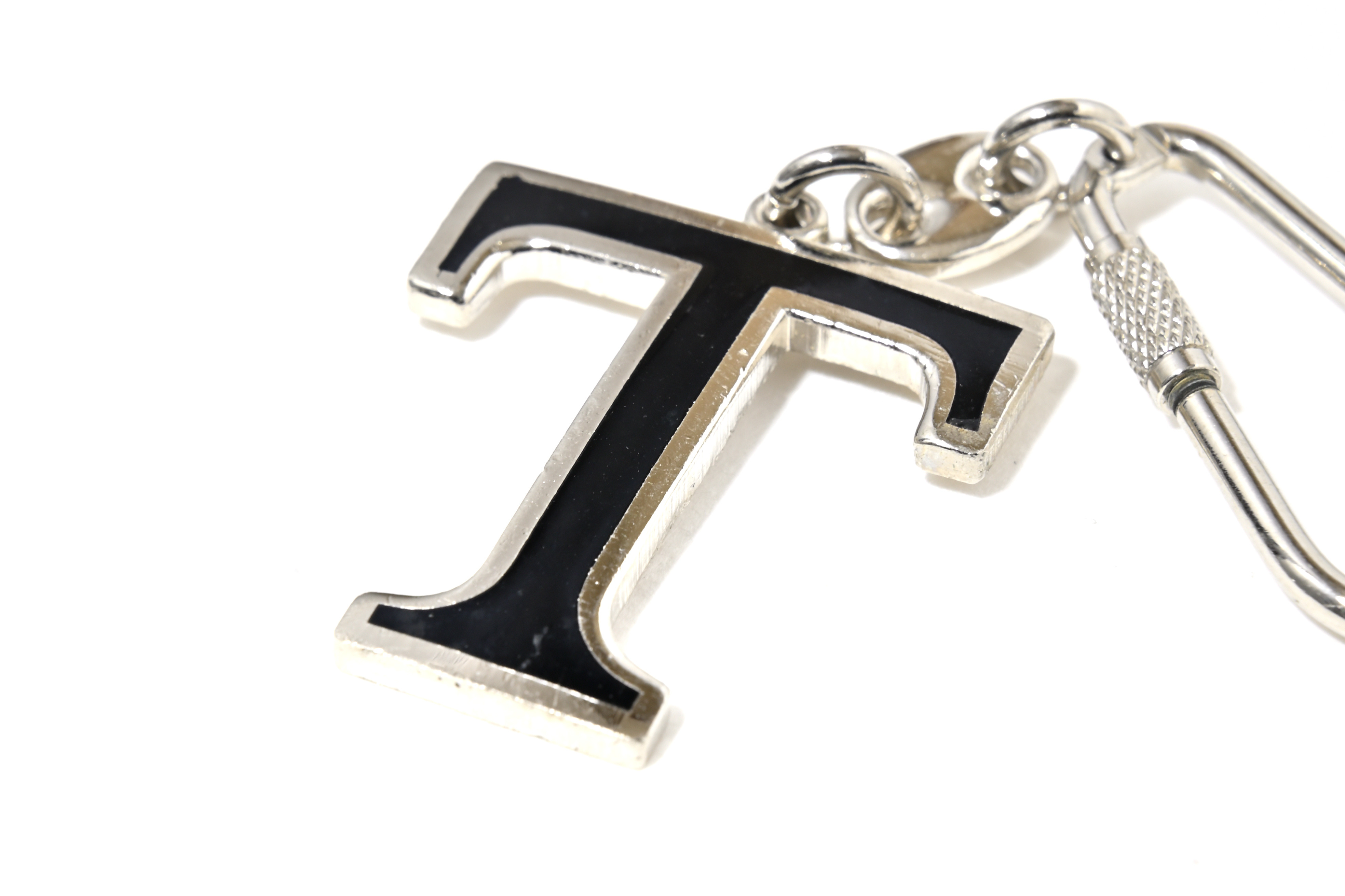 【VINTAGE】Roman art（ロマンアート）七宝焼き アルファベット　バッグチャーム・キーホルダー（T/銀/黒）