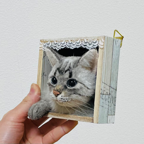 オーダーメイド 猫のミニフレーム 羊毛フェルト ユシマキネコ 羊毛猫屋