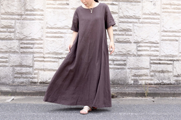 A線短袖連衣裙亞麻棕色 No.99-05 第11張的照片