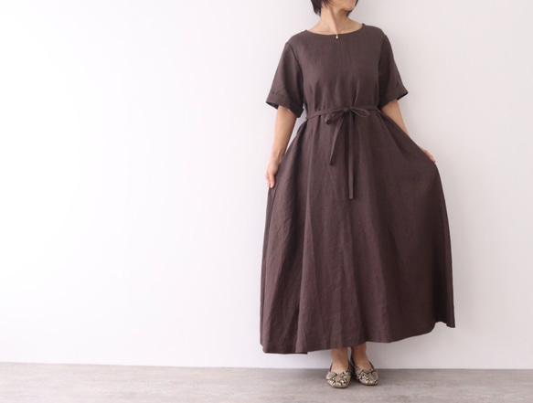 Aライン半袖ワンピース　リネンブラウン No.99-05 4枚目の画像