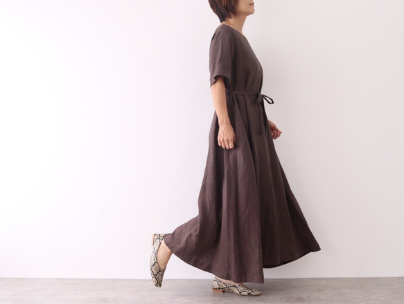 A線短袖連衣裙亞麻棕色 No.99-05 第6張的照片