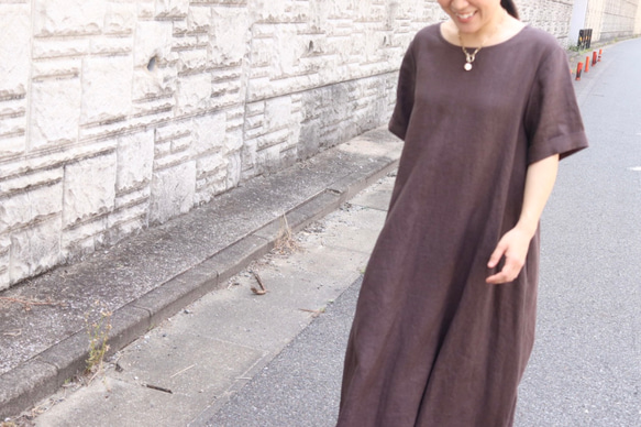 Aライン半袖ワンピース　リネンブラウン No.99-05 18枚目の画像