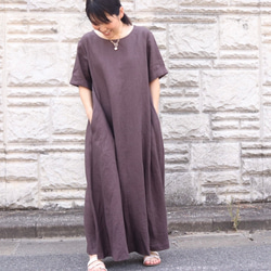 Aライン半袖ワンピース　リネンブラウン No.99-05 12枚目の画像