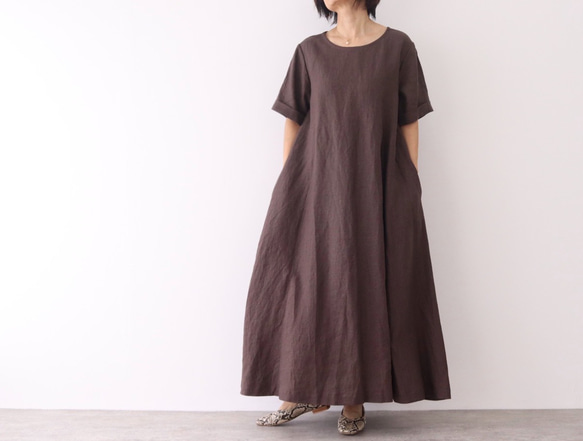 A線短袖連衣裙亞麻棕色 No.99-05 第1張的照片