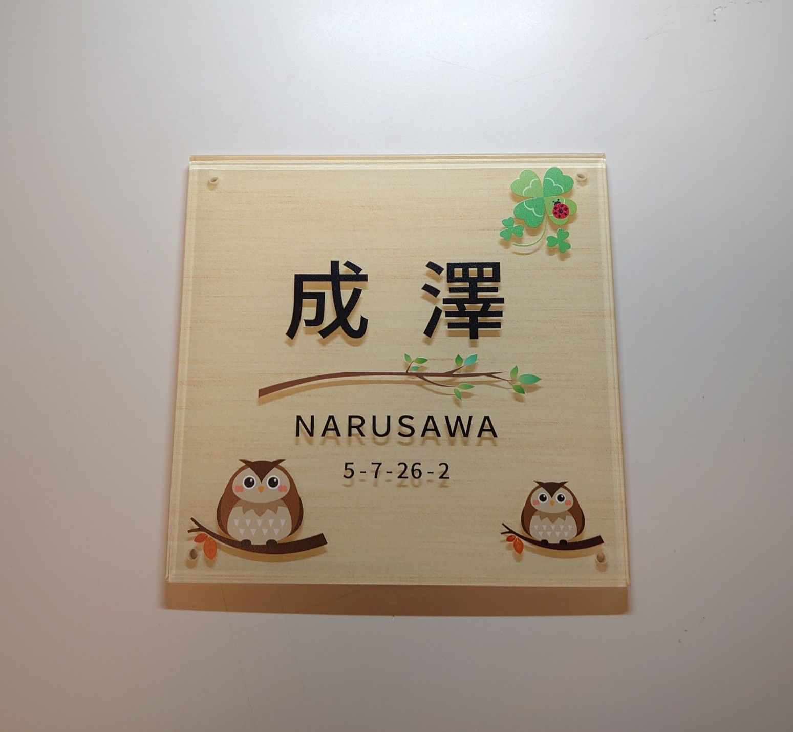 【屋外対応】幸福を呼ぶイラスト付きアクリル表札＊透明４辺４５度斜めカット鏡面仕上げ＊UV印刷＊オーダーメイド、各種サイズ