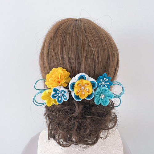 つまみ細工の髪飾り【黄色×水色】成人式 振袖 卒業式 袴 浴衣 七五三