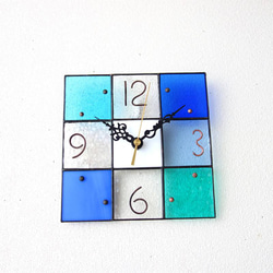 18㎝角/ステンドグラスの掛け置き時計・モザイク18（青色系/イメージは海）【受注制作】 5枚目の画像