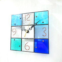 18㎝角/ステンドグラスの掛け置き時計・モザイク18（青色系/イメージは海）【受注制作】 2枚目の画像