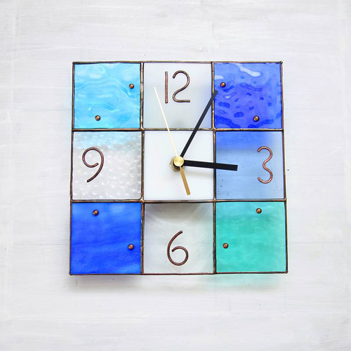 イメージは海]ステンドグラスの掛け時計/置き時計/モザイク/18㎝/受注