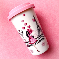 【再販】大きいサイズ♪おしゃれタンブラー♪パリジェンヌのお散歩♪エッフェル塔＆風船♪ 1枚目の画像