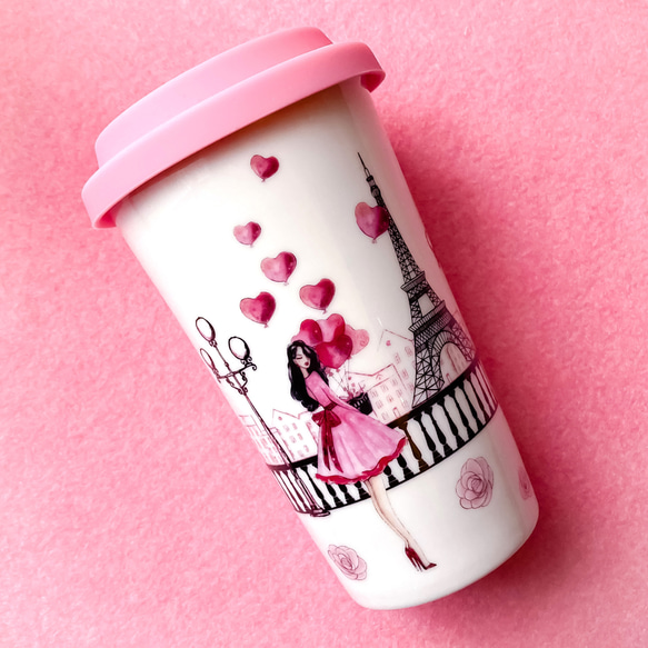 【再販】大きいサイズ♪おしゃれタンブラー♪パリジェンヌのお散歩♪エッフェル塔＆風船♪ 1枚目の画像