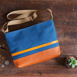 八幡帆布鞄】革と高島帆布のよこショルダーバック 琵琶湖ブル－ M