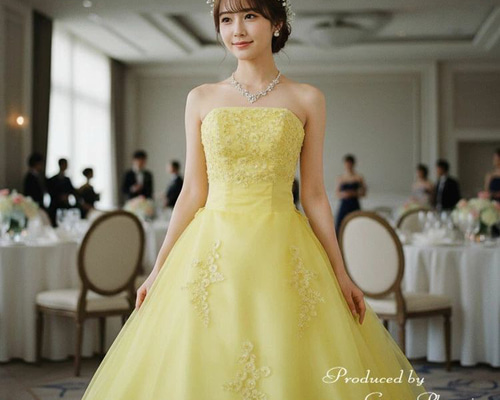 結婚式 カラードレス 新婦 イエロー 黄色 ゴールド 系 パニエ ウエディング カラードレス 編み上げ イエロー ゴールド 金 ロングドレス 結婚