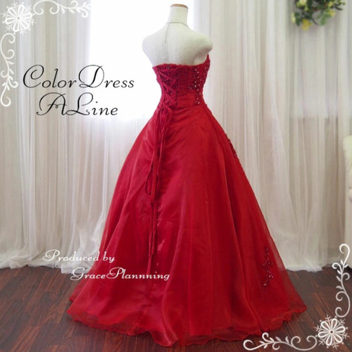 カラードレス 赤 ビーズと刺繍が華やかなロングドレス ウェディング