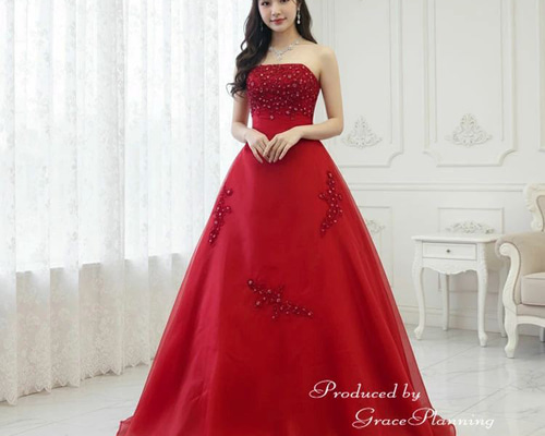 コンテストドレス マーメイド華やかなビーズ刺繍のパーティードレス カラードレス 赤 ビーズと刺繍が華やかなロングドレス