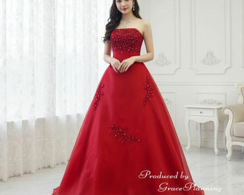 カラードレス 赤 ビーズと刺繍が華やかなロングドレス ウェディング