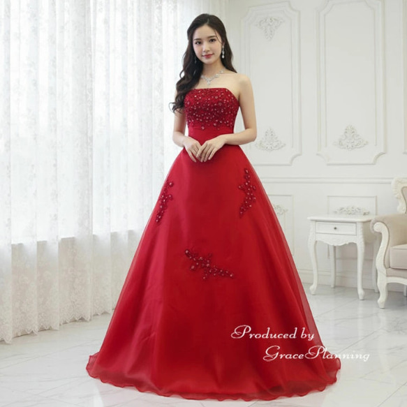 カラードレス 赤 ビーズと刺繍が華やかなロングドレス ウェディング