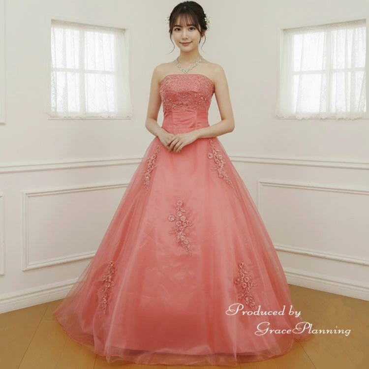 カラードレス　サーモンピンク　ウェディング　2次会　前撮り カラードレス サーモンピンク ウェディング 2次会 前撮り