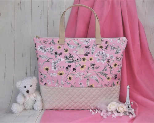 45×35リバティ帆布の大きめレッスンバッグ ファスナー付 可愛い