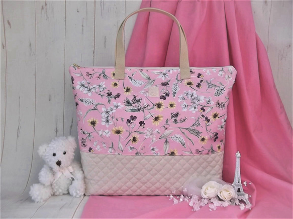 45×35リバティ帆布の大きめレッスンバッグ ファスナー付 可愛い