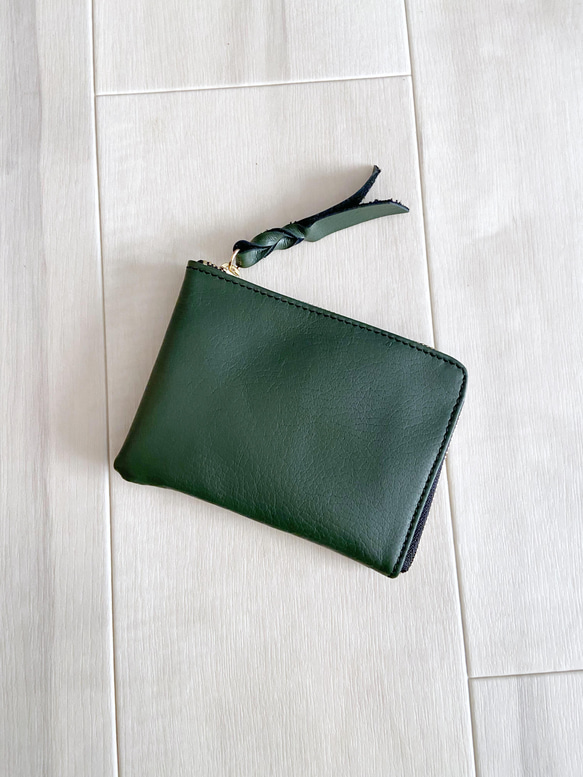 深緑系ミニ財布 シン L字財布 カードケース 本革 モスグリーン 『再販