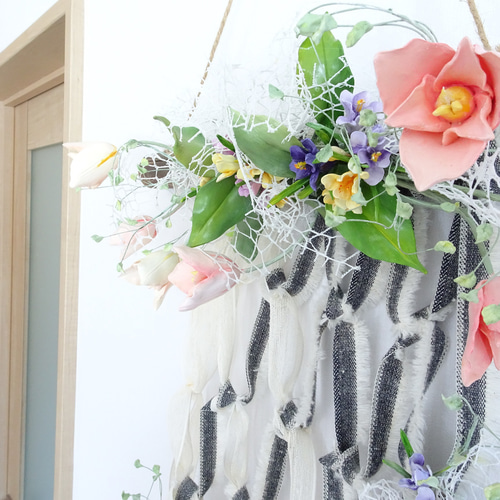 パンフラワー/パン粘土】ほんわか春色壁掛けアレンジ♡ チューリップ