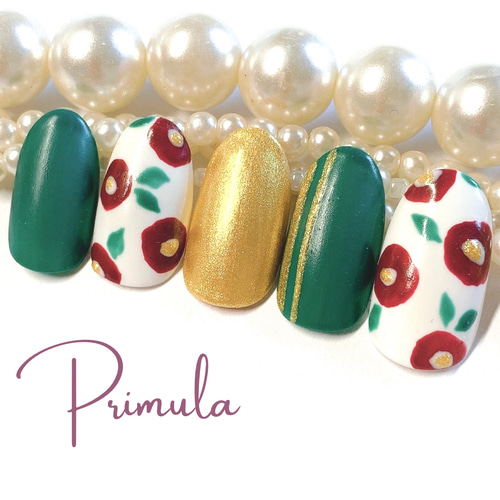 ネイルチップ 和柄/和風/和服/着物/振袖/袴/白/緑/金/赤/椿/成人式/花  