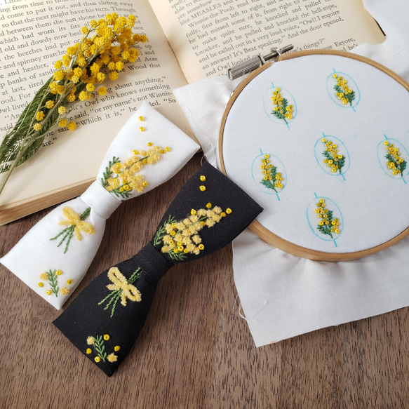 ミモザ刺繍　リボンバレッタ/ブローチ　ホワイト　 8枚目の画像