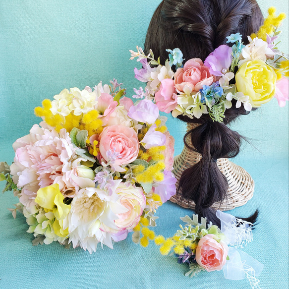 造花 花束とブートニア、髪飾り3セット 造花 花束とブートニア、髪飾り3セット 【公式通販】