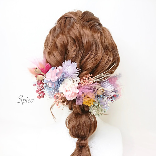 紫陽花とシルバーデイジーのヘッドドレス オレンジ 結婚式