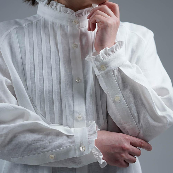 【wafu】Linen Shirt ピンタックシャツ スターチド・ブザム / ホワイト t033a-wht2 7枚目の画像