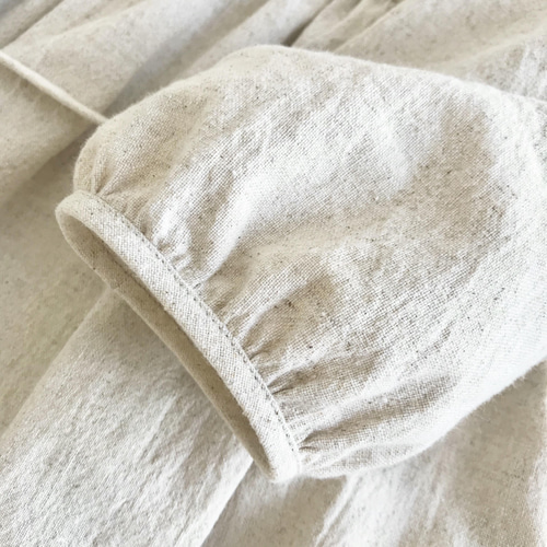 ハンドメイド　リネン　ふんわり袖のリネンワンピース 生成り＊ふんわりギャザーワンピース【S,M,L,LL】コットンリネン