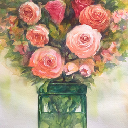 オリジナルアート作品「花とガラス瓶」水彩　手描き　1点物　真筆 3枚目の画像