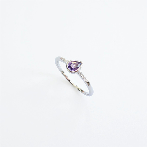 天然紫色剛玉 水滴形 鑲鑽 純 18K 黃金 白金 玫瑰金 戒指 | 疊搭混搭 第4張的照片