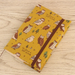 【文庫本】ゴムバンド栞付ブックカバー 手帳カバー★ふくろう★綿麻★マスタード 4枚目の画像