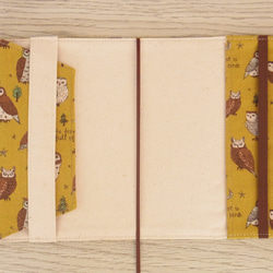 【文庫本】ゴムバンド栞付ブックカバー 手帳カバー★ふくろう★綿麻★マスタード 5枚目の画像