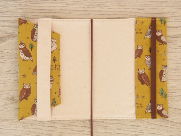 【文庫本】ゴムバンド栞付ブックカバー 手帳カバー★ふくろう★綿麻★マスタード 5枚目の画像