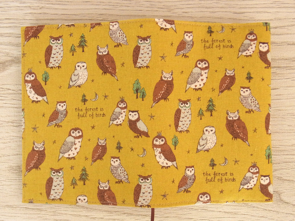 【文庫本】ゴムバンド栞付ブックカバー 手帳カバー★ふくろう★綿麻★マスタード 3枚目の画像