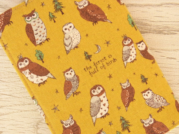 【文庫本】ゴムバンド栞付ブックカバー 手帳カバー★ふくろう★綿麻★マスタード 2枚目の画像