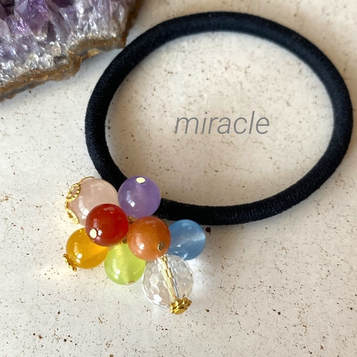 七色＊天然石ヘアゴム HGN017 再販 受注制作 虹色 レインボー ヘアゴム