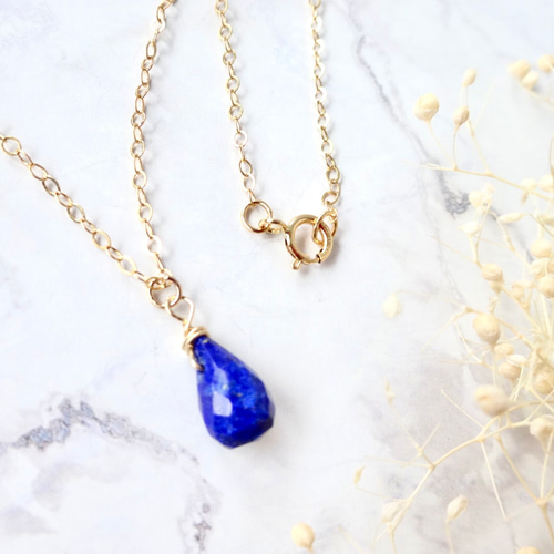 しずく型 ラピスラズリの14kgfネックレス 天然石 ネイビー 金属